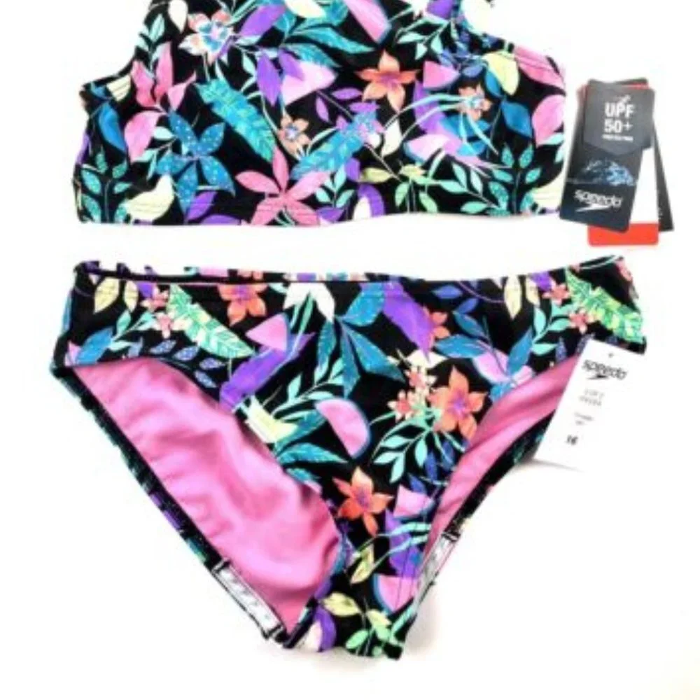 Speedo Girl’s Two Piece Black Floral Bikini Set Size 16